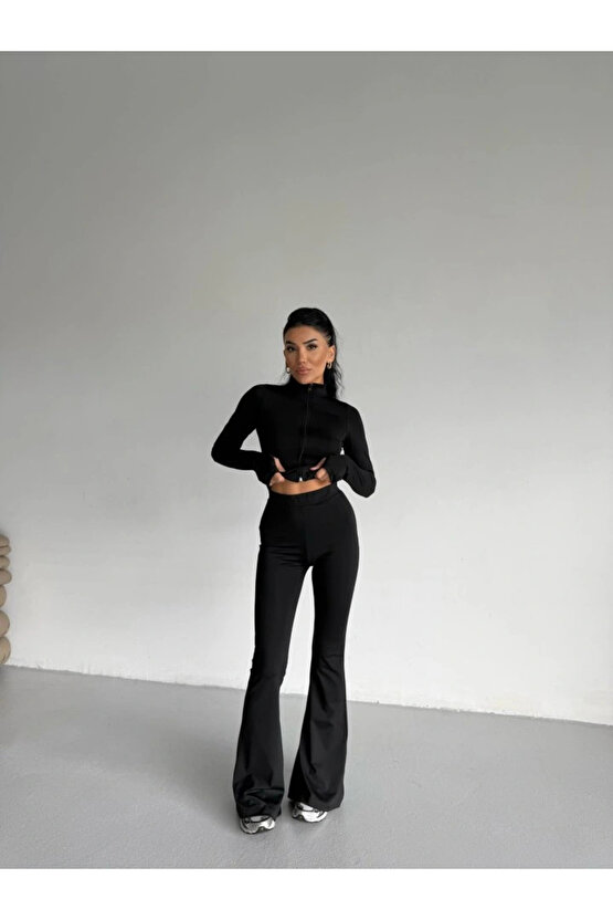 Kadın Balıkçı Yaka Cep Detaylı Ceket Ve Ispanyol Paça Spor Ikili Takım