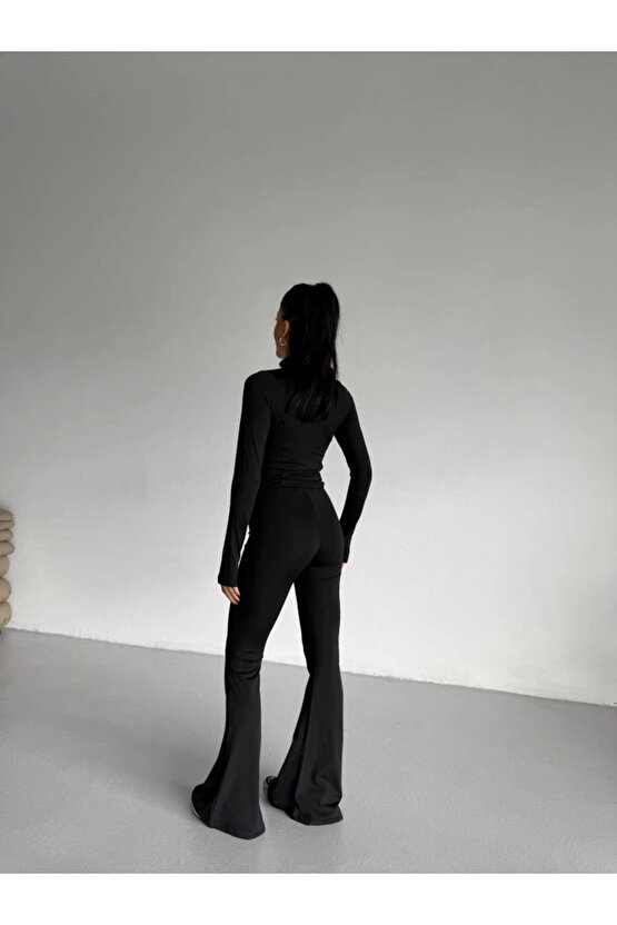 Kadın Balıkçı Yaka Cep Detaylı Ceket Ve Ispanyol Paça Spor Ikili Takım