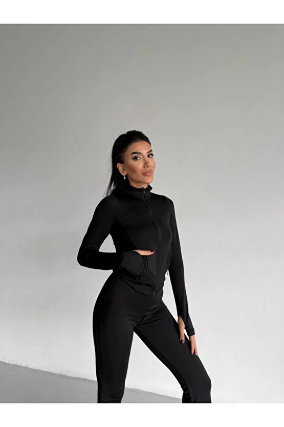 Kadın Balıkçı Yaka Cep Detaylı Ceket Ve Ispanyol Paça Spor Ikili Takım