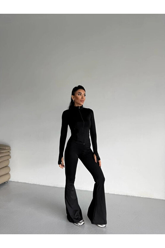 Kadın Balıkçı Yaka Cep Detaylı Ceket Ve Ispanyol Paça Spor Ikili Takım