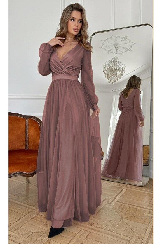 Kadın Uzun Kollu Kruvaze Yakalı Belden Kuşaklı Tüllü Uzun Ithal Krep Elbise