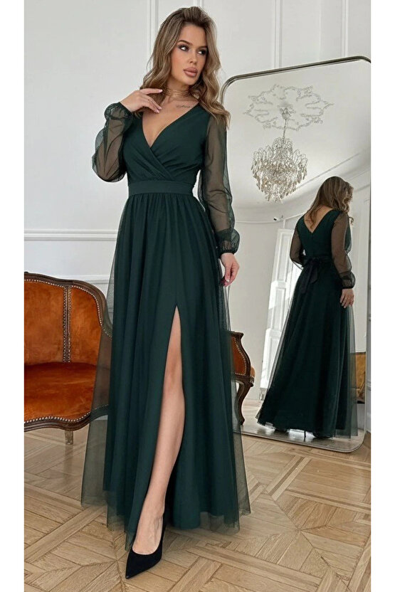 Kadın Uzun Kollu Kruvaze Yakalı Belden Kuşaklı Tüllü Uzun Ithal Krep Elbise