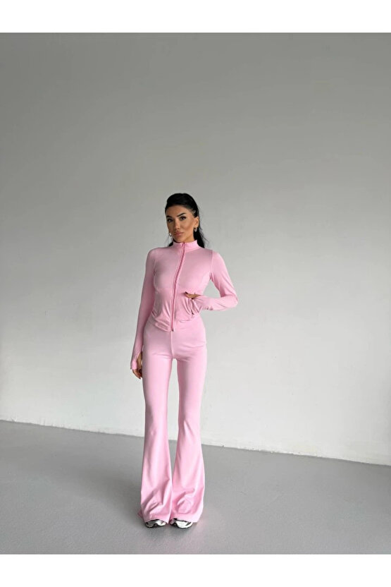 Kadın Balıkçı Yaka Cep Detaylı Ceket Ve Ispanyol Paça Spor Ikili Takım