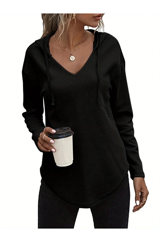 Kadın Uzun Kollu V Yakalı Kapşonlu Waffle Bluz