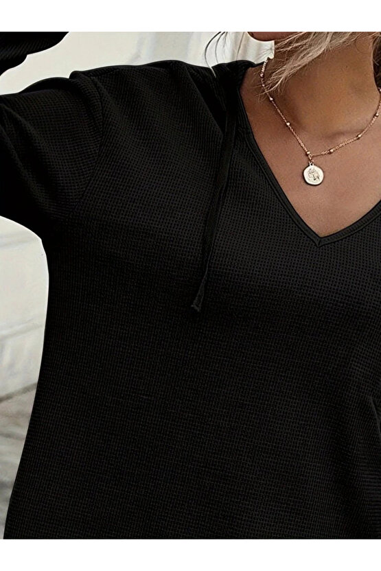 Kadın Uzun Kollu V Yakalı Kapşonlu Waffle Bluz