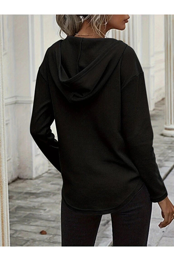 Kadın Uzun Kollu V Yakalı Kapşonlu Waffle Bluz