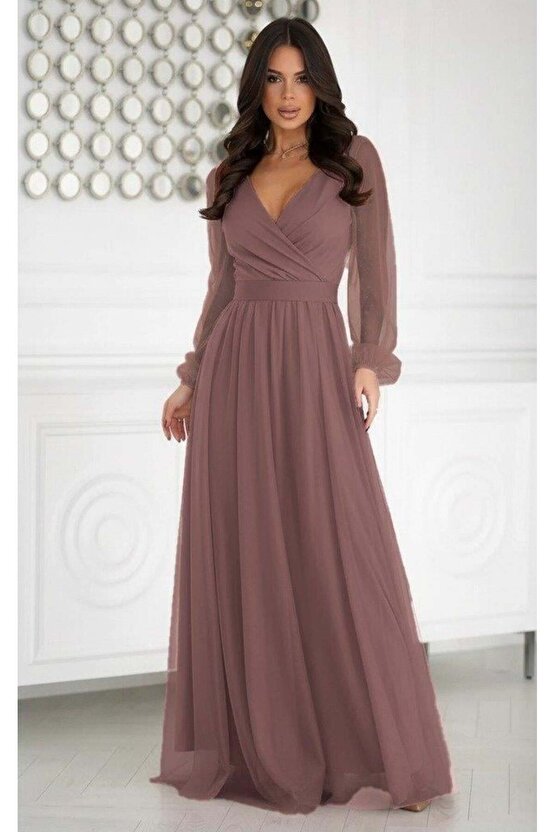 Kadın Uzun Kollu Kruvaze Yakalı Belden Kuşaklı Tüllü Uzun Ithal Krep Elbise