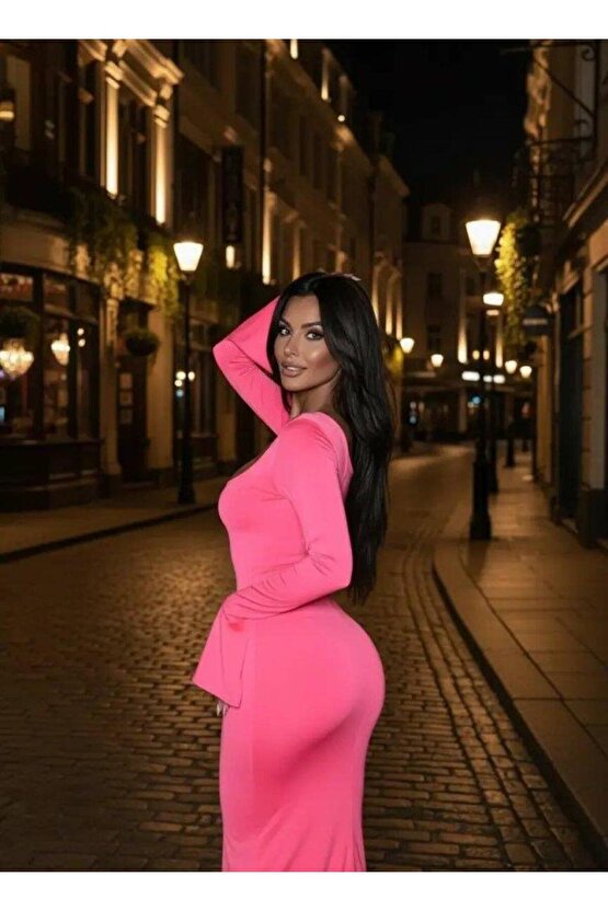 Kadın Uzun Kollu Kare Yaka Volanlı Manşet Detay Maxi Boy Elbise