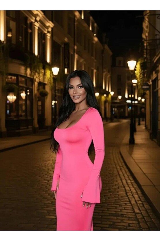 Kadın Uzun Kollu Kare Yaka Volanlı Manşet Detay Maxi Boy Elbise