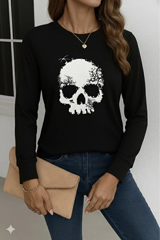 Kadın Uzun Kollu Bisiklet Yaka Kurukafa Desenli Viskon Bluz