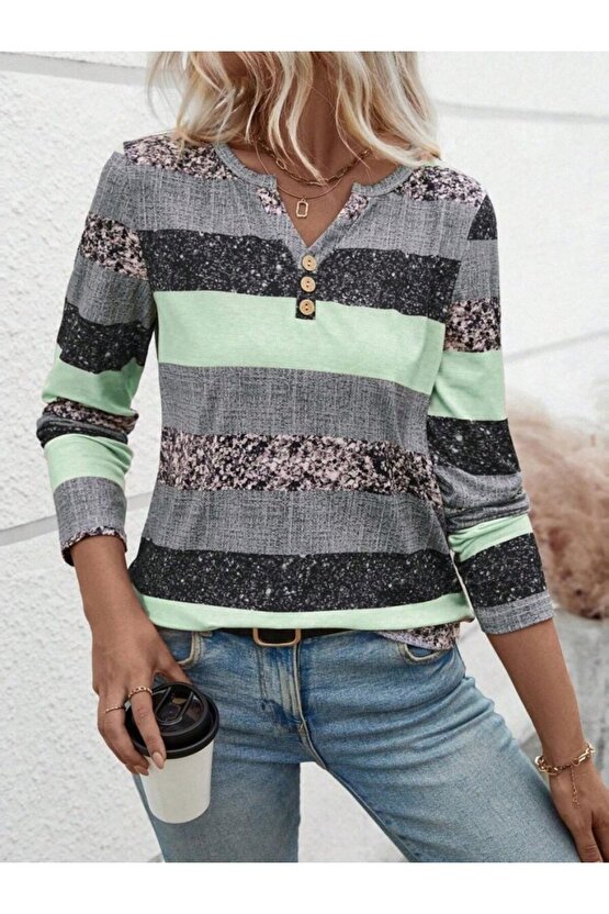 EGECEN Kadın Uzun Kollu Yakadan Düğmeli çizgili Desenli Süprem Bluz