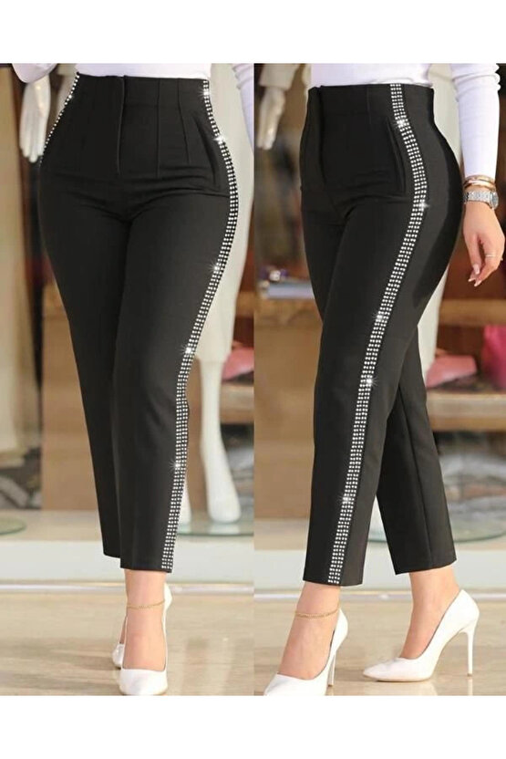 Kadın Yüksek Bel Yanlardan Taş Detaylı Ithal Krep Pantolon