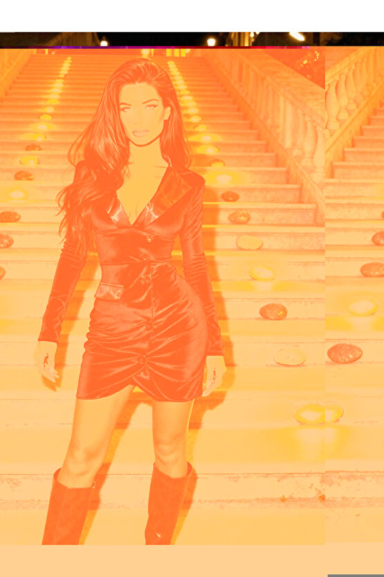 Kadın Uzun Kollu Derin Dekolteli Saten Manşet Detay Kadife Kumaş Ceket Elbise