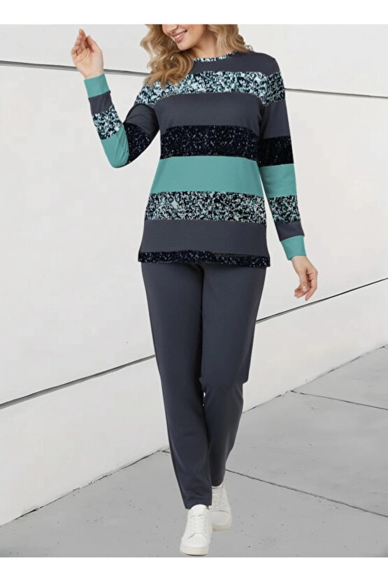 Kadın Uzun Kollu Bisiklet Yaka çizgili Desen Iki Iplik Bluz Ve Pantolon Ikili Takım