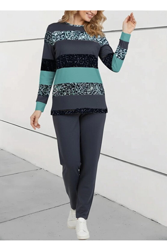 Kadın Uzun Kollu Bisiklet Yaka çizgili Desen Iki Iplik Bluz Ve Pantolon Ikili Takım