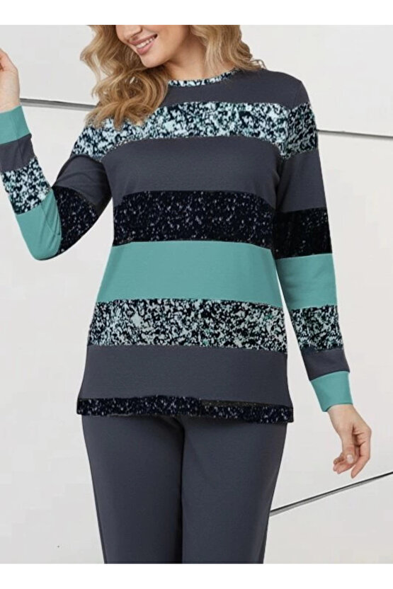 Kadın Uzun Kollu Bisiklet Yaka çizgili Desen Iki Iplik Bluz Ve Pantolon Ikili Takım