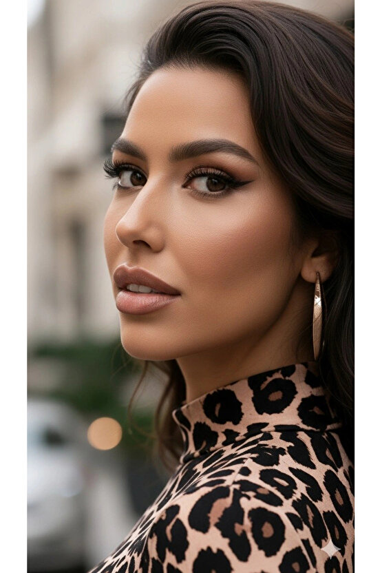 Kadın Uzun Kollu Balıkçı Yaka Leopar Desenli Midi Boy Elbise