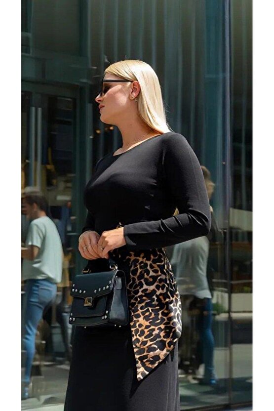 Kadın Bisiklet Yaka Leopar Fiyonk Detay Maxi Boy Elbise