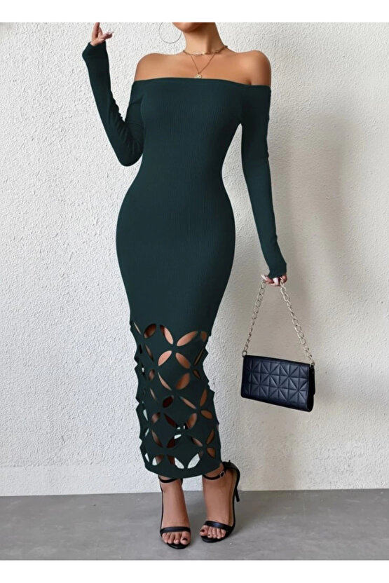 Kadın Madonna Yaka Uzun Kollu Lazer çiçek Kesim Detaylı Uzun Ithal Krep Elbise