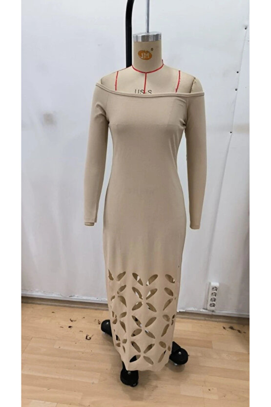 MDB Kadın Madonna Yaka Uzun Kollu Lazer çiçek Kesim Detaylı Uzun Ithal Krep Elbise