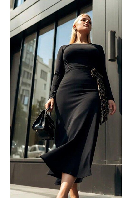 Kadın Bisiklet Yaka Leopar Fiyonk Detay Maxi Boy Elbise