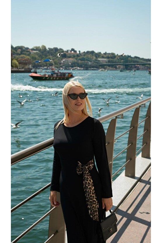 Kadın Bisiklet Yaka Leopar Fiyonk Detay Maxi Boy Elbise