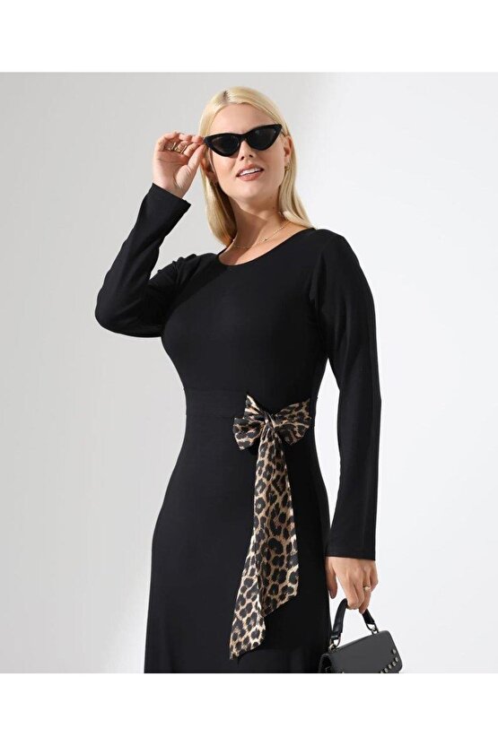 Kadın Bisiklet Yaka Leopar Fiyonk Detay Maxi Boy Elbise