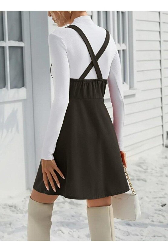 Kadın Askılı Düğmeli Mini Süet Elbise