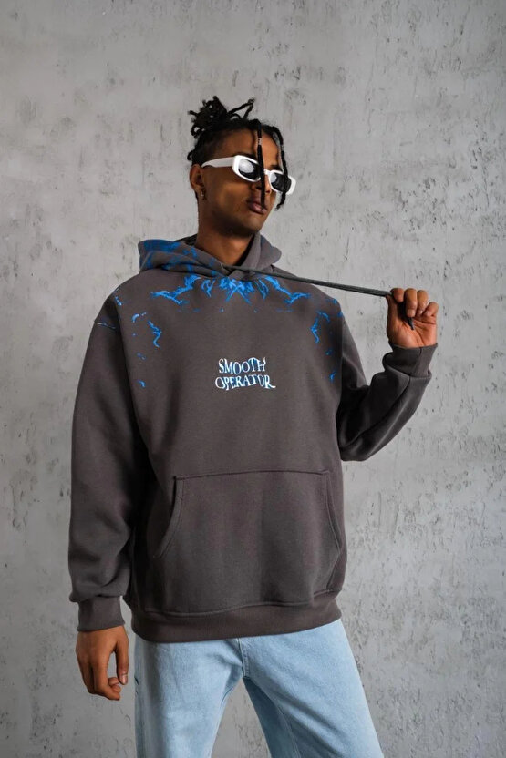 Erkek Yıldırım Baskılı Kapşonlu Sweatshirt - Gri