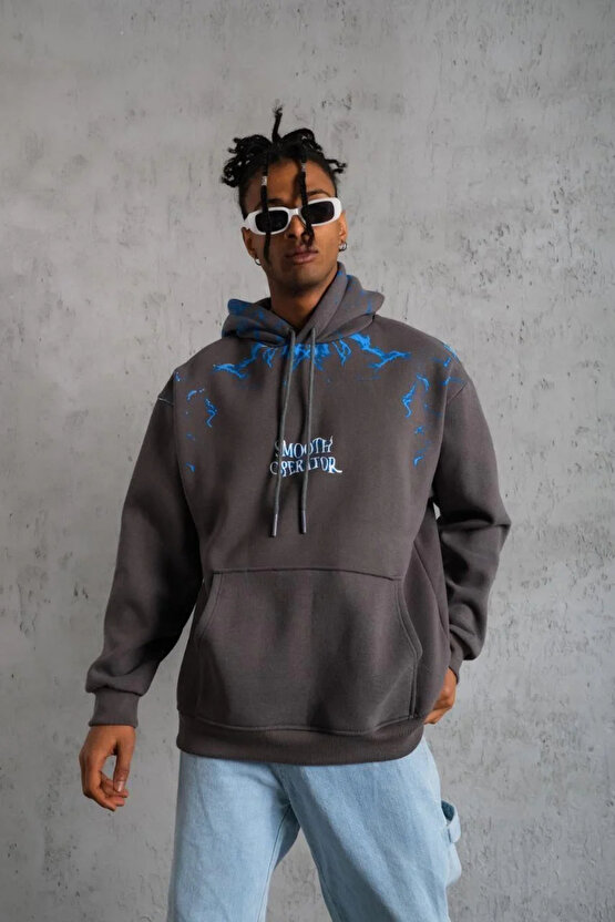 Erkek Yıldırım Baskılı Kapşonlu Sweatshirt - Gri