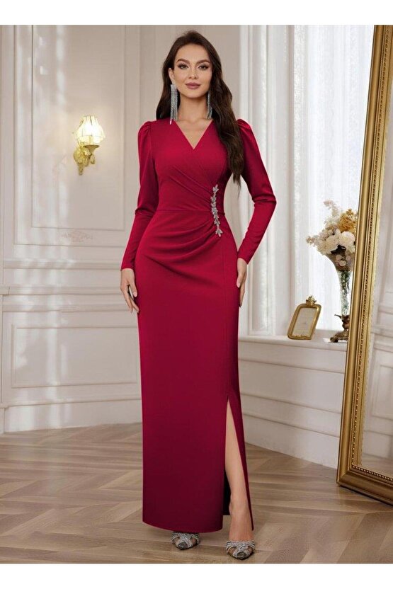 Kadın Uzun Kollu Kruvaze Yakalı Yanları Taşlı Yırtmaçlı Uzun Ithal Krep Elbise