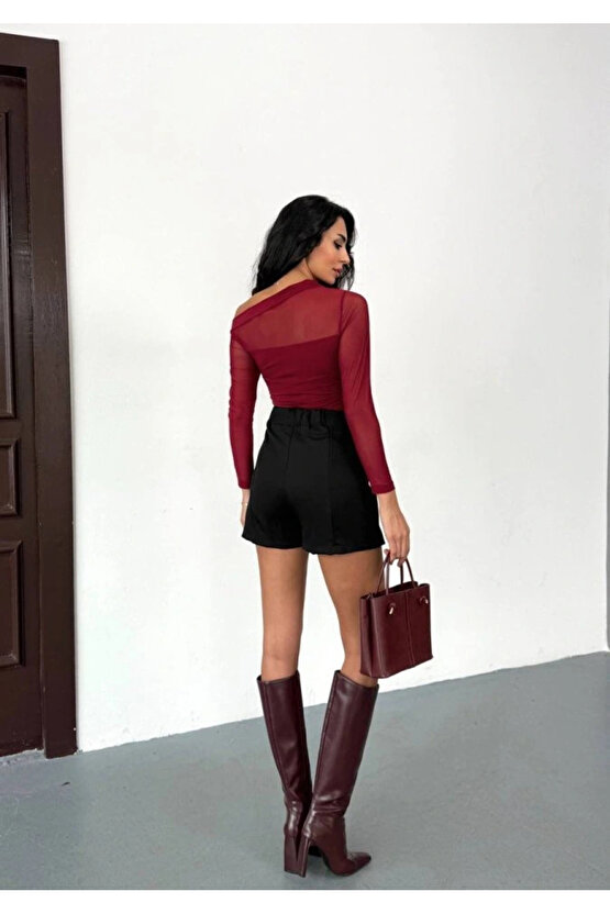 Kadın Uzun Kollu Omuz Dekoltesi Ve Transparan Tül Detay Bluz