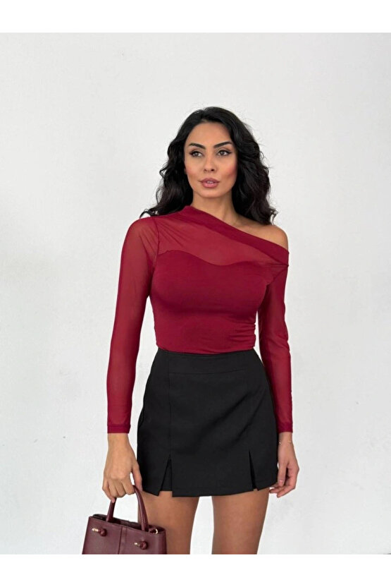 Kadın Uzun Kollu Omuz Dekoltesi Ve Transparan Tül Detay Bluz