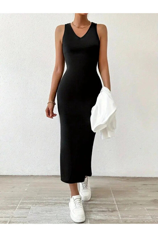 MDB Kadın Askılı Yuvarlak Yaka Viskon Iki Iplik Elbise Ve V Yakalı Bluz Ikili Takım