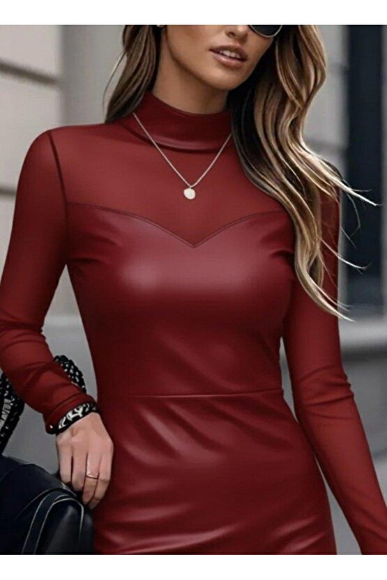 Kadın Uzun Kollu Balıkçı Yaka Tül Detaylı Mini Deri Elbise