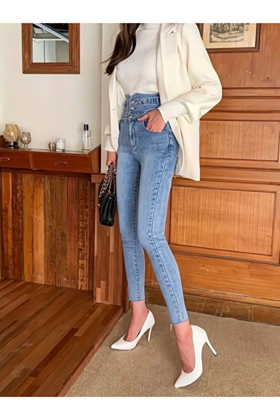 Kadın Yüksek Bel önden Düğmeli Cepli Dar Kesim Detaylı Kot Pantolon