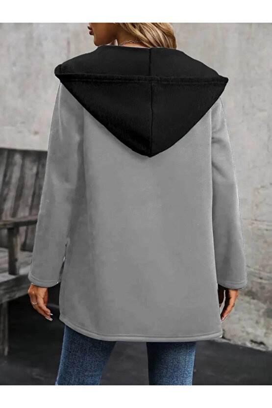 MDB Kadın Uzun Kollu Kapşonlu çift Renkli şardonlu Iki Iplik Ceket