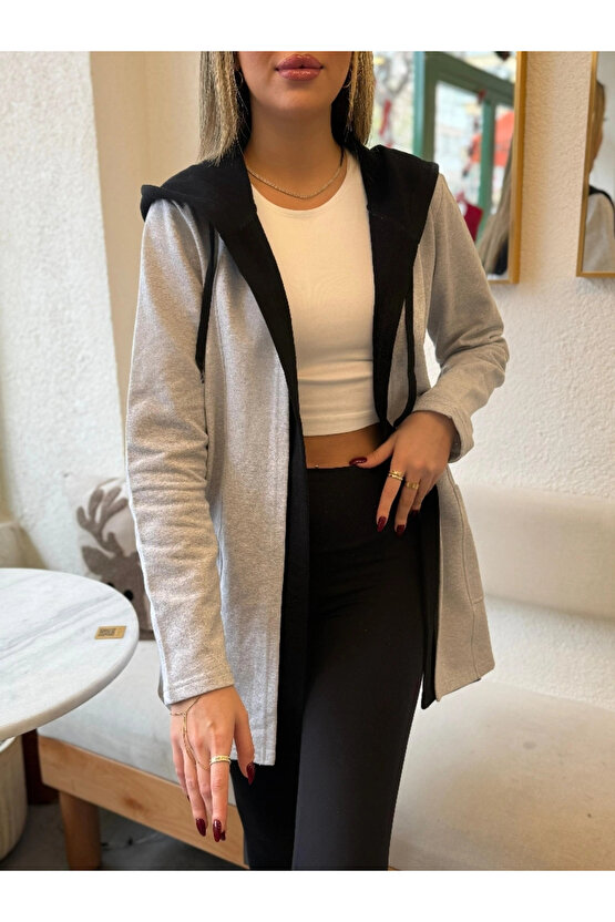 MDB Kadın Uzun Kollu Kapşonlu çift Renkli şardonlu Iki Iplik Ceket
