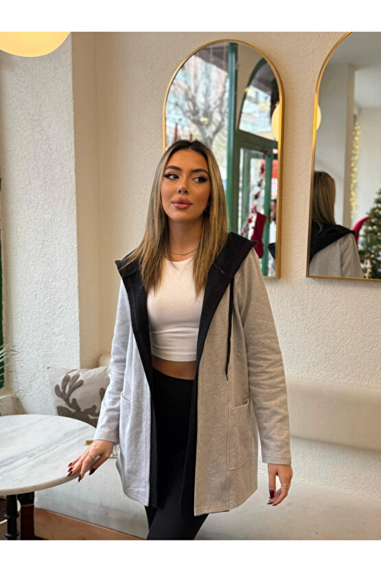 MDB Kadın Uzun Kollu Kapşonlu çift Renkli şardonlu Iki Iplik Ceket