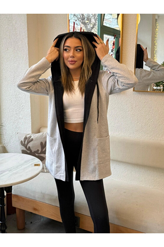 MDB Kadın Uzun Kollu Kapşonlu çift Renkli şardonlu Iki Iplik Ceket