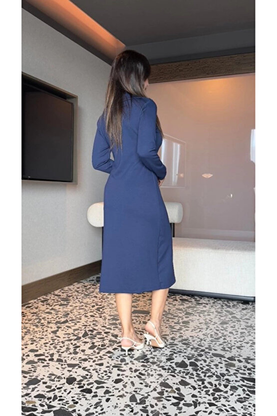 Kadın Uzun Kollu Balıkçı Yaka önden Fermuarlı Yırtmaçlı Midi Viskon Iki Iplik Elbise