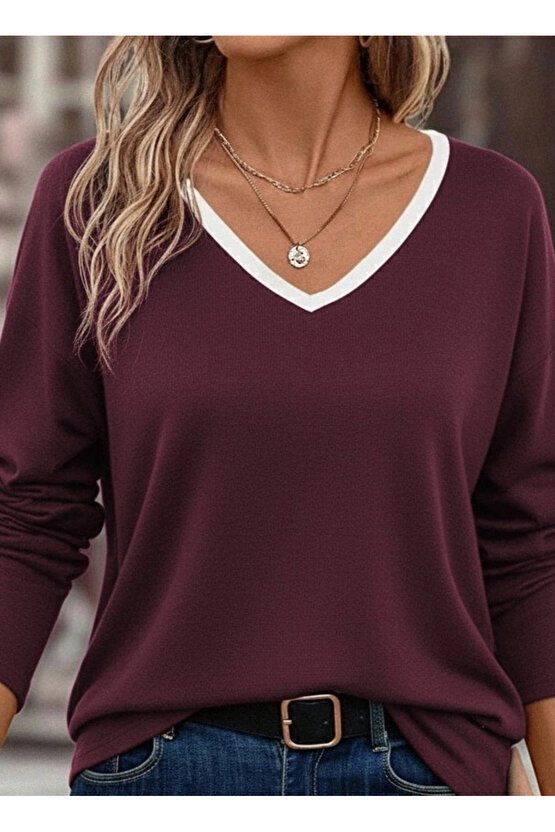 Kadın Uzun Kollu V Yakalı Viskon Iki Iplik Bluz