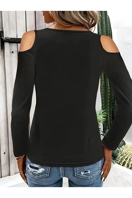 Kadın Omuzlardan Açık Uzun Kollu Yakadan Halka şerit Detaylı Viskon Bluz