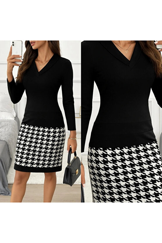 Kadın Uzun Kollu V Yaka Alt Tarafı Desenli Dalgıç Mini Boy Elbise