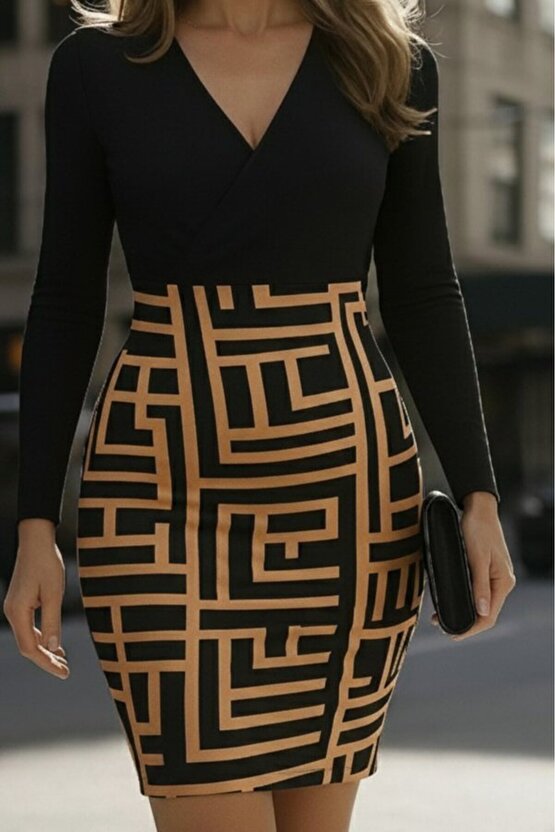EQURİ Kadın Uzun Kollu Kruvaze Yaka Labirent Desen Dalgıç Elbise