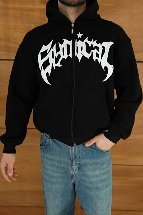 Erkek Kapüşonlu Sweatshirt Hoodie 3 İplik Şardonlu Pamuklu Kumaş, Önü Baskılı, Fermuarlı Rahat Kalı