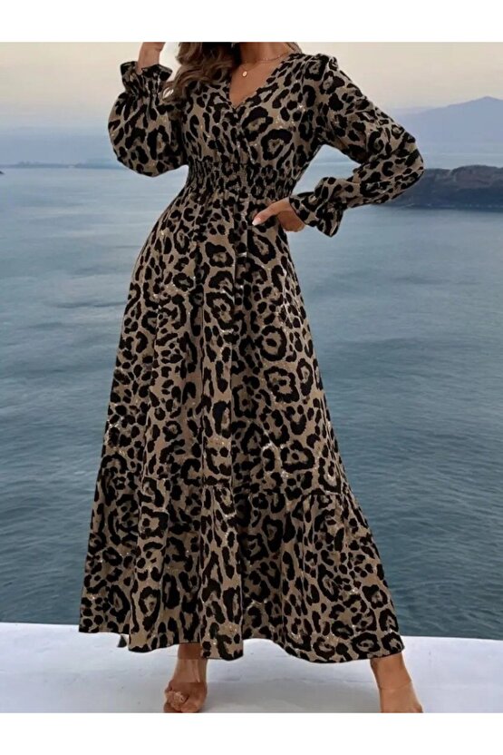EQURİ Kadın Uzun Kollu Kruvaze Yaka Leopar Desenli Uzun Süprem Elbise