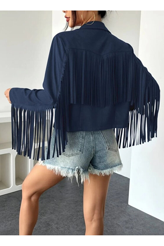 Kadın Uzun Kollu Yakalı Kısa Püsküllü Süet Ceket