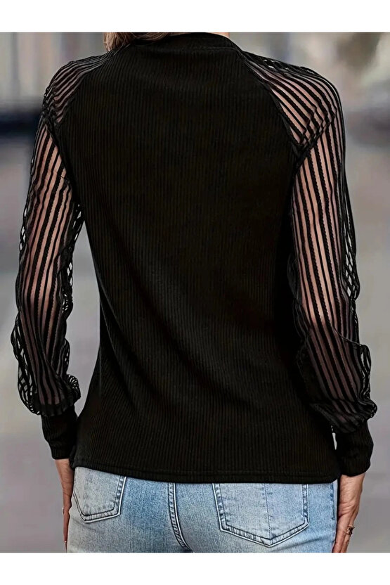 Kadın Uzun Kollu Tül Detaylı Bisiklet Yakalı Kaşkorse Bluz