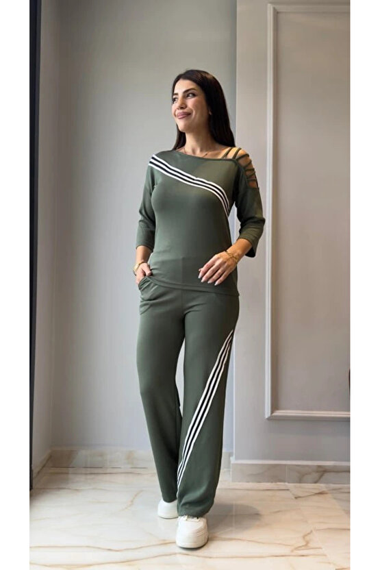 Kadın Uzun Kollu Truvakar Kol Tek Omuz çapraz şerit Detaylı Ribanalı Viskon Iki Iplik Bluz Ve Pantol